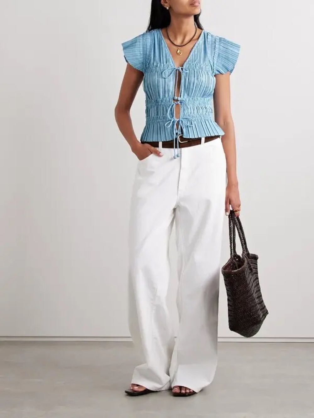 Sea New York Light Blue Ruched Tie-Front Blouse